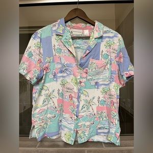 Alfred Dunber Pastel Beach Scene Button Up Shirt• Size 12